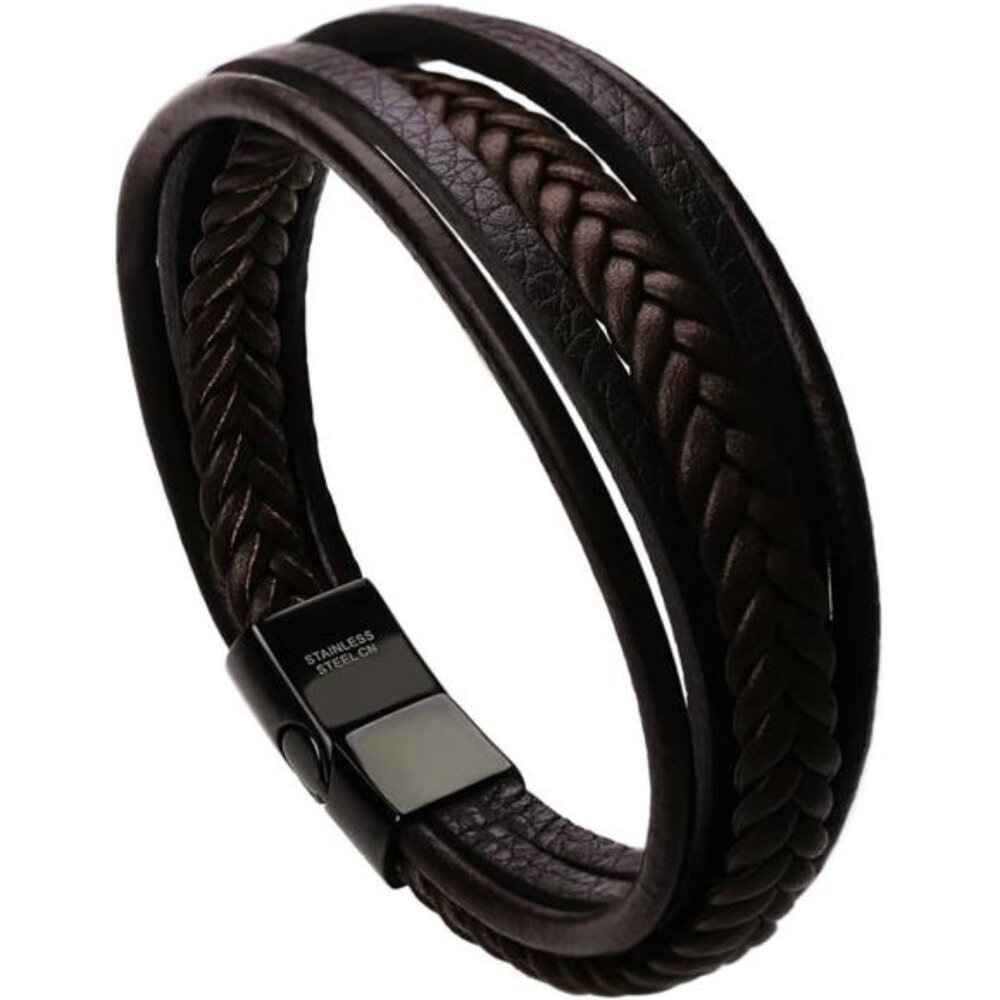 Mens Leather Bracelet with Clasp Cowhide Multi-Layer Braided Leather